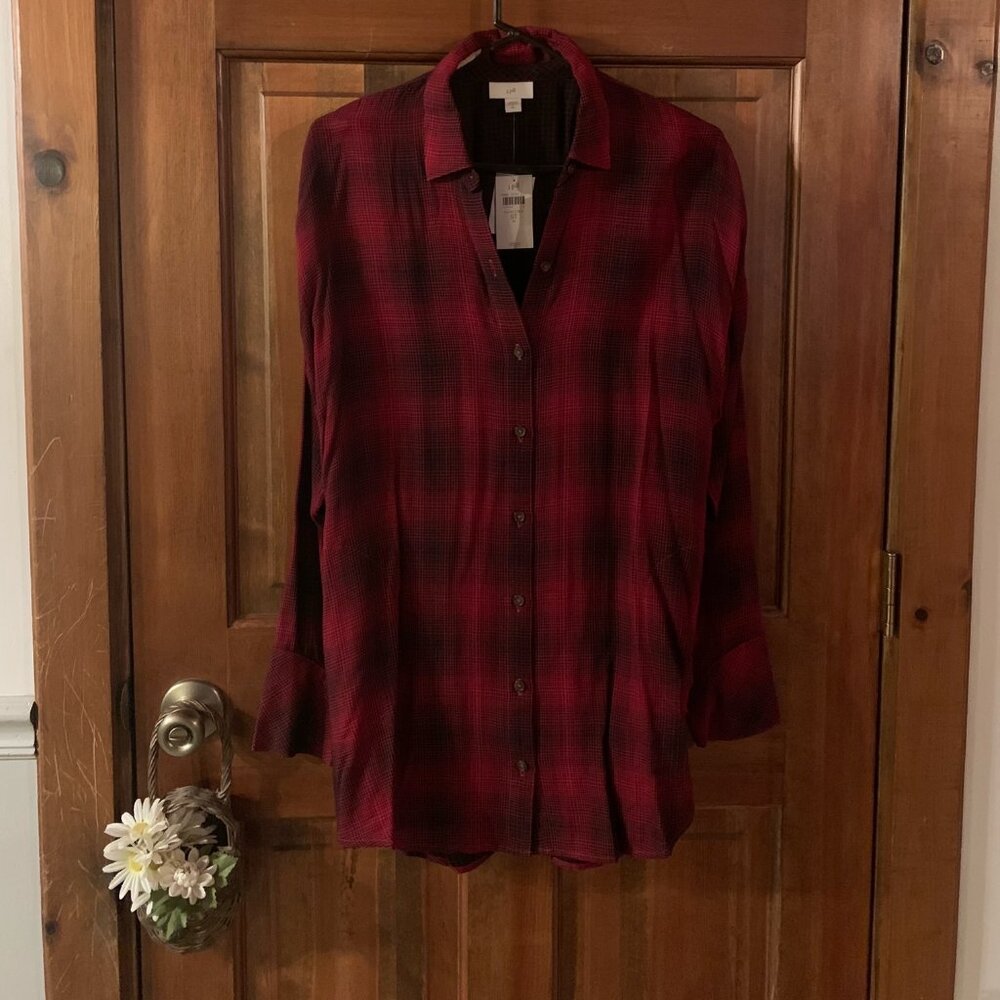J.Jill NWT $89 Red / black plaid tunic blouse with pockets Small Tall ST
